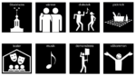Svart-vita pictogrambilder för orden stockolm, vänner, diskotek, musik, picknick, teater, demonstration och välkommen