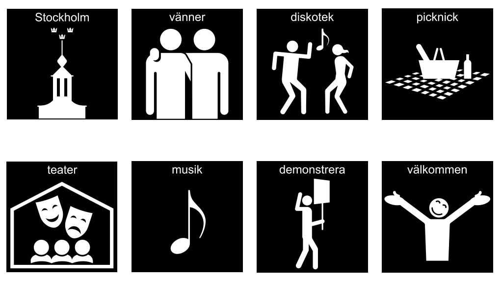 Svart-vita pictogrambilder för orden stockolm, vänner, diskotek, musik, picknick, teater, demonstration och välkommen