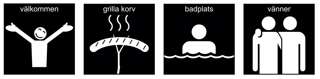 Svart-vita pictogrambilder för välkommen, grilla korv, badplats och vänner