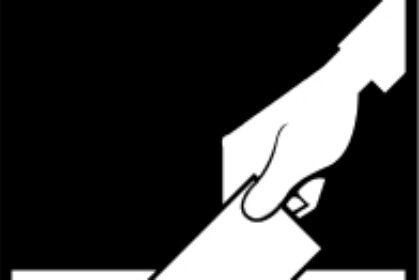 Pictogrambild med hand som håller i valsedel och texten "rösta"
