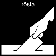 Pictogrambild med hand som håller i valsedel och texten "rösta"